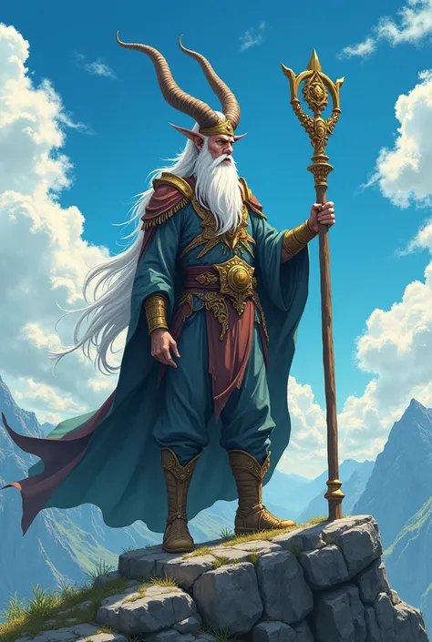 Anime manga style grand man character. White long hair on chin and holding a long ancient stick with a big hat to avoid sunlight. Looking at the sky on the mountain. Long Markhor horns on top head