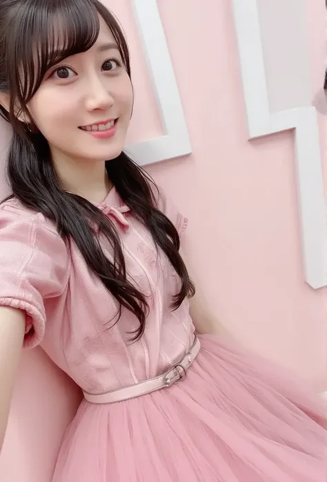 A cafe with a cute interior ,  a girl wearing pink maid clothes and angel wings is laughing、Watching Me. Age 25, 
 super detailed,  wacky resolution ,  best quality,  pink and brown tones , Long black hair,