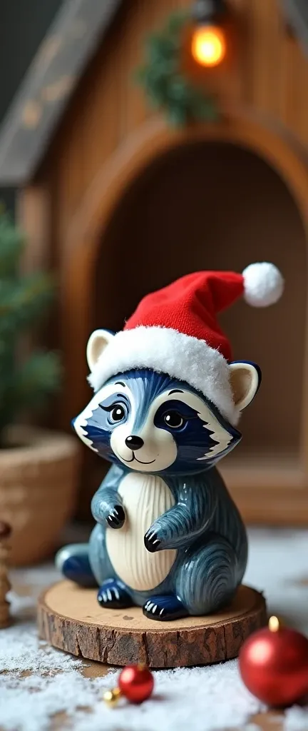 A photo of a baby raccoon with a Santa hat. The raccoon is made of Motivo Ruso de Cerámica Gzhel, a Russian pottery style with blue and white patterns. The raccoon is sitting on a wooden base. The background is a rustic setting with a log wall and a few de...