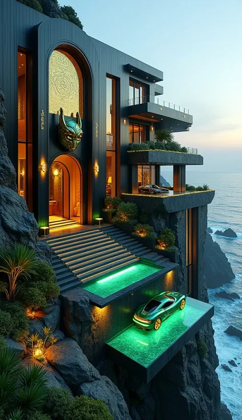 The front exterior of this Loki-themed house is a breathtaking architectural marvel perched on a dramatic cliff overlooking the Pacific Ocean. The structure seamlessly blends mystical elegance with futuristic design. Constructed with reflective obsidian pa...