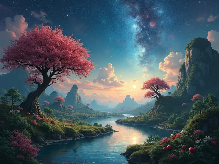 a beautiful galaxy with nature in the pure Van Goh style and a Lofi jazz theme with a small futuristic city in the distance full of rivers and small trees that look like bonzais with apples in their branches and marijuana