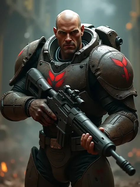 Ultra realistic Terran Captain Jim Raynor from StarCraft facing forward and holding sniper rifle in attack pose