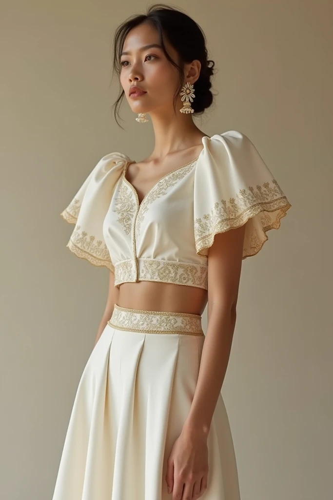 Modern Filipiniana-inspired two-piece set:

Design Description

1. Top (Cropped Blouse):

Material: Lightweight piña-silk blend for a traditional yet breathable texture.

Features:

Modernized Butterfly Sleeves: Slightly reduced size with clean edges for a...