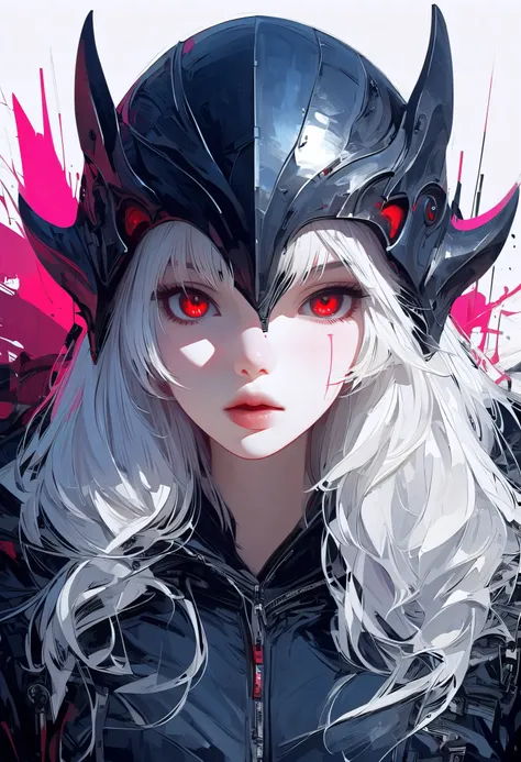 masterpiece，  Quality Best ， 8K， number，  1 girl at home，  unique ， Stand up， youth， White hair， long White hair， Hair accessories，  red eyes ， round pupils， No Expression， Bloodstained mechanical parts， electric wire， cable， Failure Effect， Terrible，  Sci...