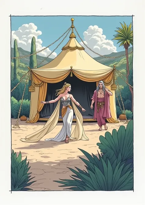 
beautiful,exquisite, bright drawing in the style of a realistic 80s comic book .drawing a 90s comic .Comic book page,  girl dancing an oriental dance in a tent in front of a handsome guy ,handsome guy with long white hair , European looks, with grey eyes,...