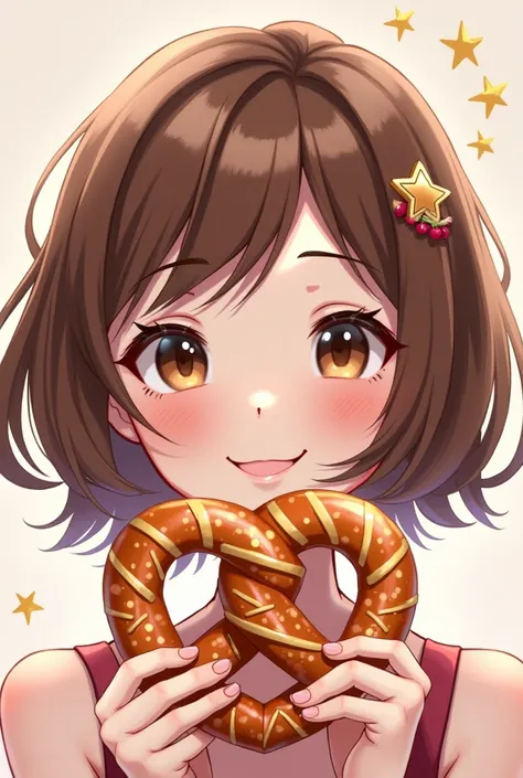 princess dessert pretzel 1girl, Smile, Short Hair, Brown Hair, Simple background, Best Quality, 