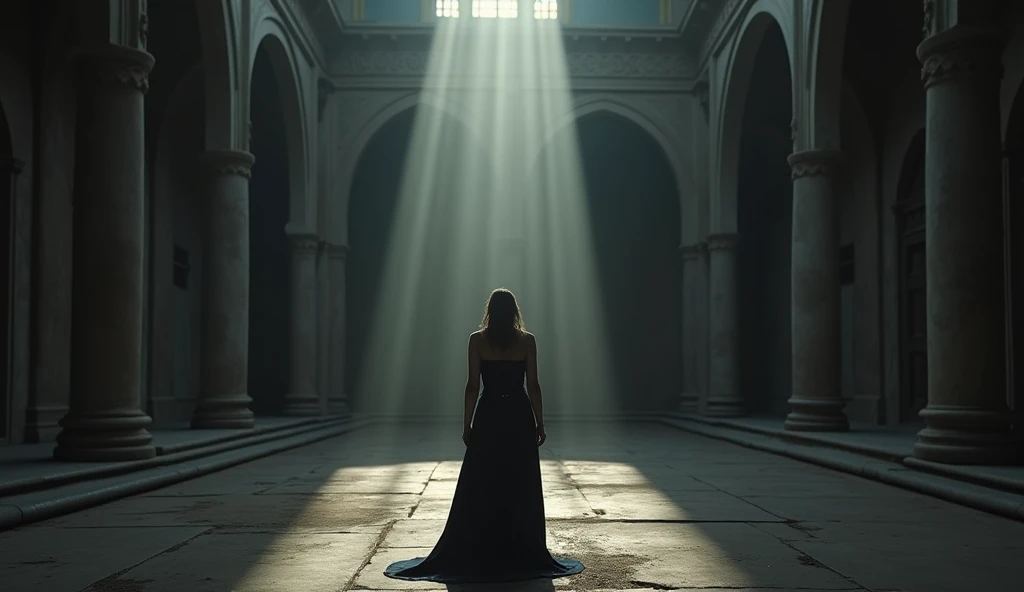 A scene of Tamar standing alone in a desolate, shadowed palace courtyard, her face a mixture of sorrow and quiet strength. Her regal attire is torn, and her posture is stoic yet broken. The surrounding architecture is grand but empty, symbolizing her isola...