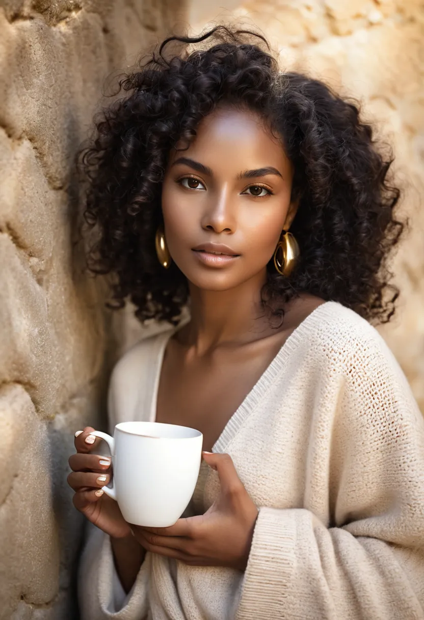 create a high-resolution image of an african woman with deep brown skin, holding a white ceramic mug in a relaxed, cozy pose. sh...