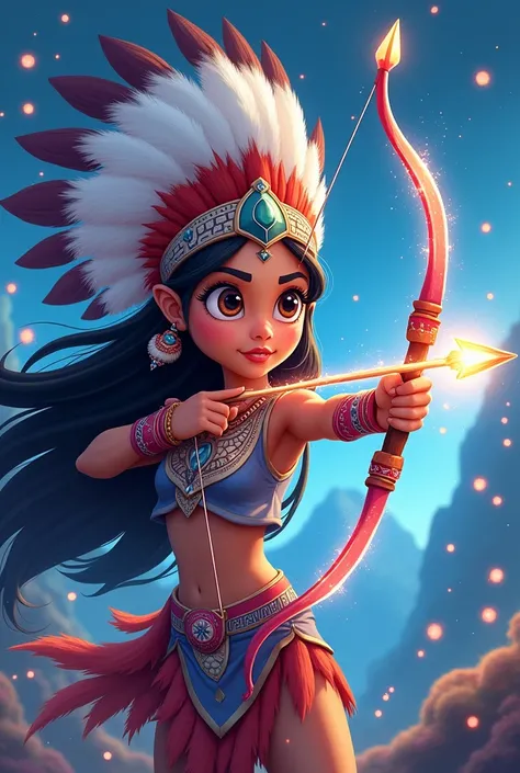 Cartoon of an indigenous woman with a headdress, with etheric bow and arrow