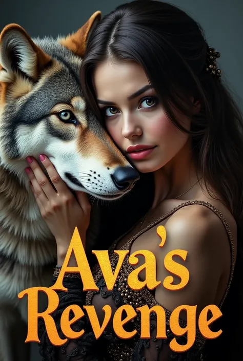 A beautiful woman with long dark brown hair, posing with a grey wolfs head close to her face, wearing a dark gold-beaded, ornate, vintage-style dress.  Text boldly overlayed reads "Avas Revenge" in a stylized, orange-yellow, vintage-font.