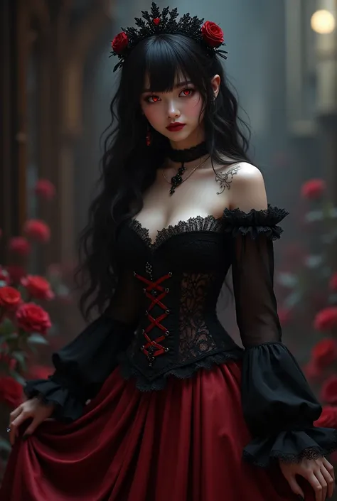 Pretty gothic princess, gothic outfit, beautiful, expressive , bright red eyes, short gothic red skirt, black and red outfit, more creative ideas, napped