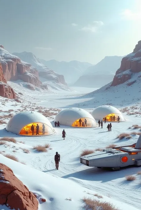 "A Martian landscape covered in a blanket of pristine white snow, with clusters of translucent domes providing warmth and shelter. Within these habitats, people can be seen bustling about in futuristic attire, engaged in various activities. Nearby, sleek s...