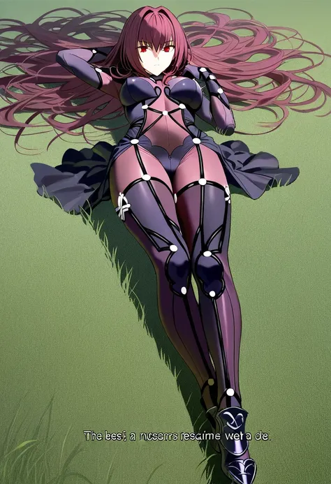  High resolution,  masterpiece, necessary,  The best quality, Detail, Details altos, quality,  lyrics,  very detailed, full body

Scathach,  scathach fate ,  scathach fate  grand order,  long hair ,  curly hair , red eyes,  tight suit , 

prado, Grass 