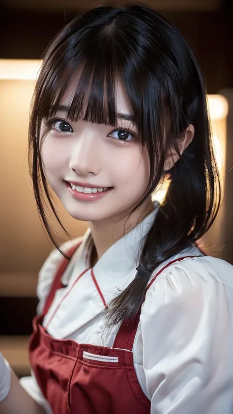 ((masterpiece,  best quality,  high definition ,  Ultra High Definition)),  Japanese high school girls in the city of Sapporo,(Realistic:1.4)、 smiles、 Amazing Face 、Pointed Mouth、 close your mouth、Glossy Lips 、 twin tails,(Beautiful Hair:1.5)、Cake maker、Pâ...