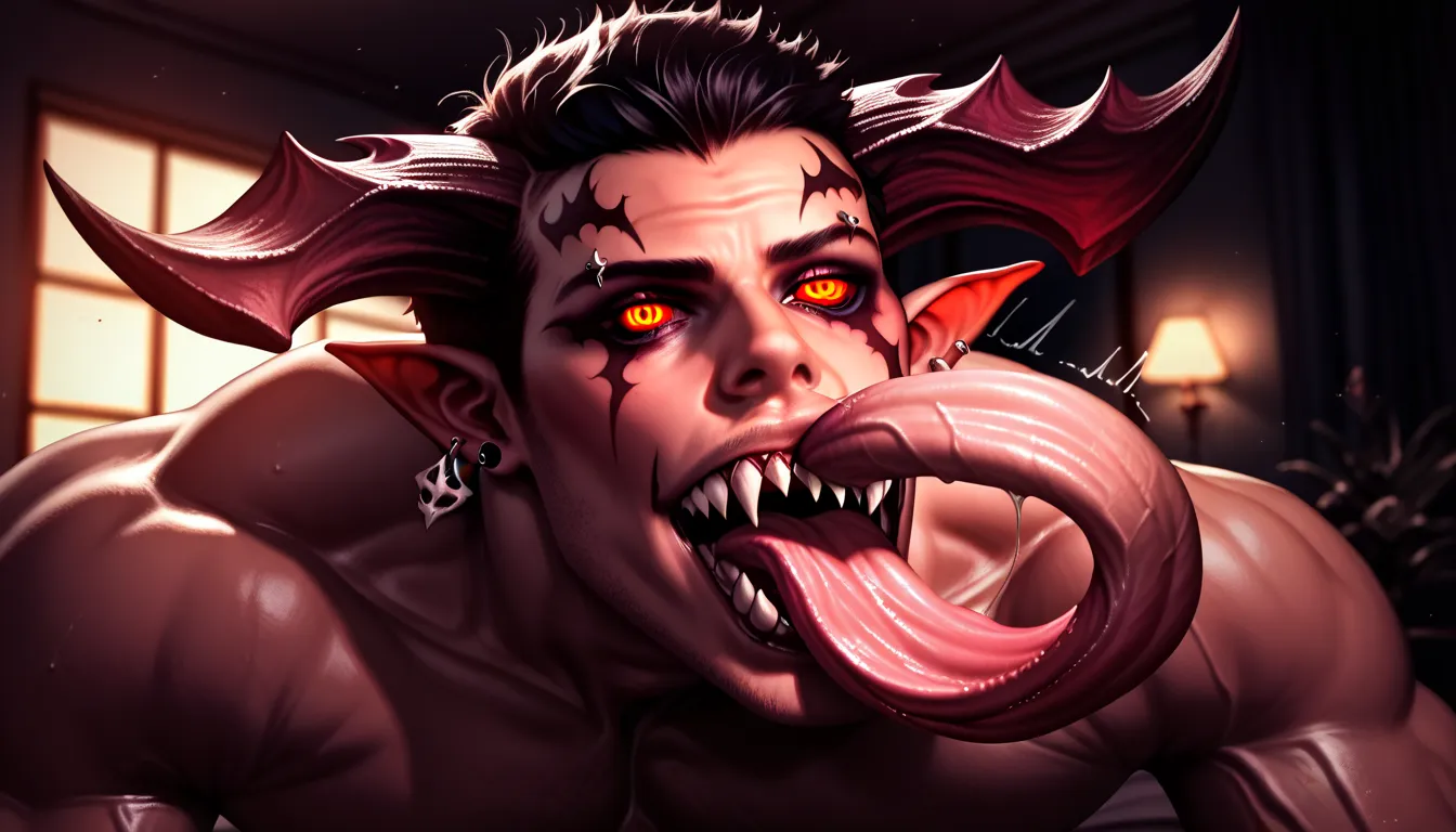 a gay demon man, detailed face, piercing eyes, sharp teeth, long tongue, performing oral sex on a huge throbbing demonic penis, ...