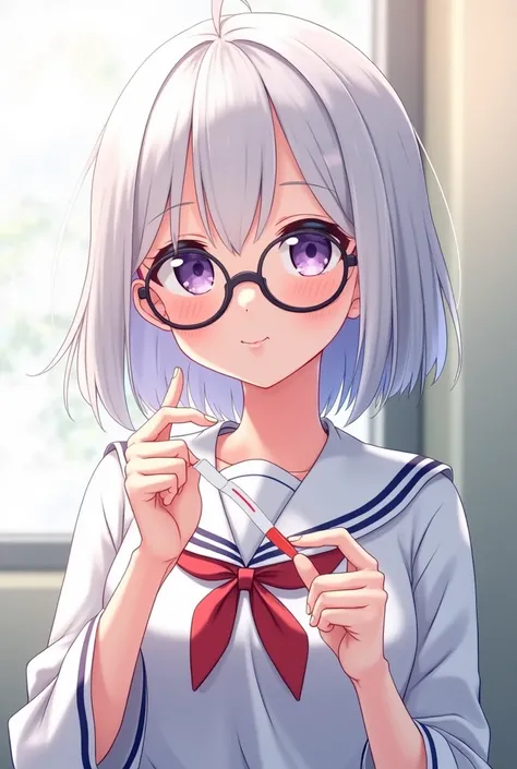  highest quality ,  very detailed , masterpiece,  anime style . a girl (She has short white hair , purple eyes, wearing glasses)  shes wearing a white Japanese uniform ,  and shes holding a positive pregnancy test ( with two red bars )  and shes pointing t...