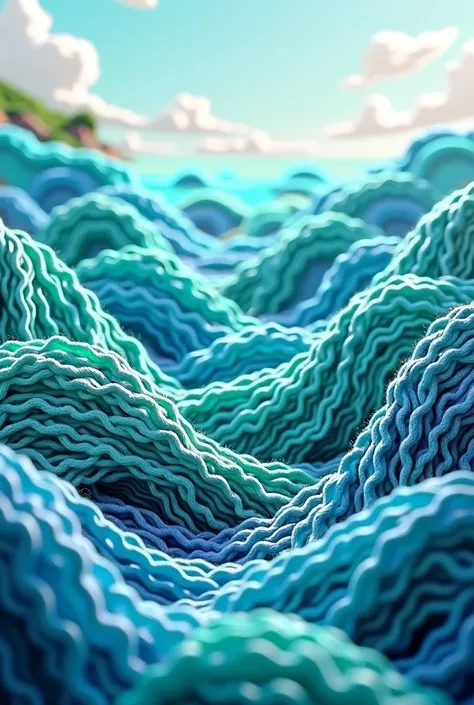 sea water made of knitting yarn,  his theme animated cartoons, and his pov from above 