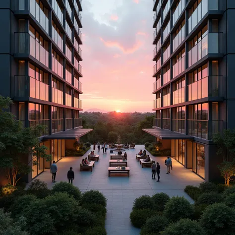 On the sides two buildings with mirrored side facades with a large terrace in the center.
Terrace that serves as a meeting place for people, with benches, a garden. Terrace must be covered. 

At the bottom of the photo a natural landscape with a beautiful ...