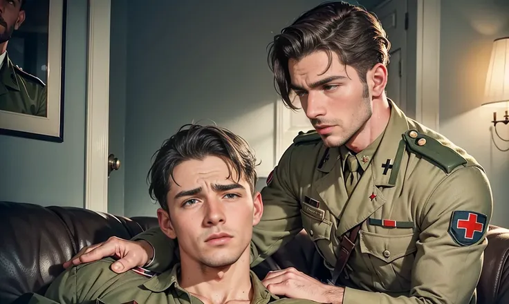 vintage style. 1940s. two handsome men. an injured soldier with stubble being held by a medic. both wearing khaki. looking into each others eyes. worried intimate expression.
