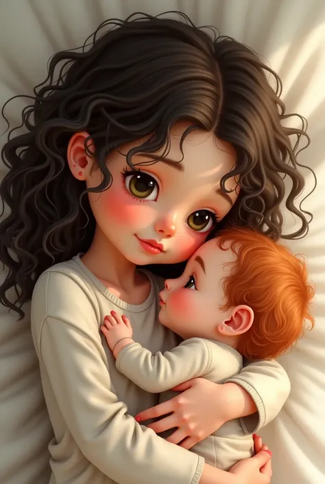 dark brown curly haired girl ,  with big eyes and curly eyelashes with brown eyes embraces a red-haired baby with olive green eyes