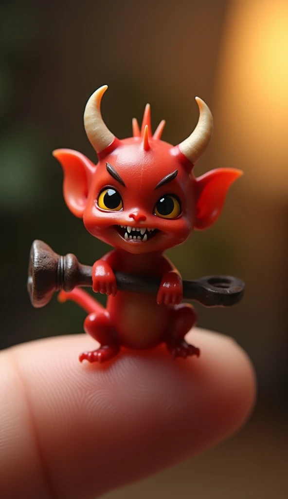 A realistic photograph of an incredibly tiny oni, a mythical Japanese demon, with smooth, bright red skin and two small, curved horns on its forehead, delicately perched on a humans thumb and index finger for scale. The miniature oni has large, glowing yel...