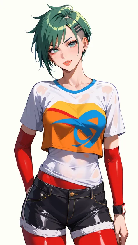 An edgy and fashionable illustration of a young Japanese woman designed for an underground adult-themed t-shirt print. She has bold green hair styled in a sleek, modern cut, wearing a mix of daring yet stylish pieces. Her outfit consists of a cropped top a...