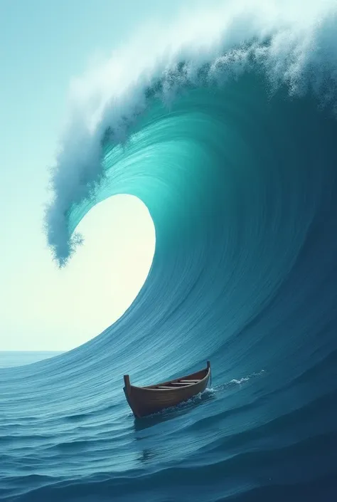 A small wooden boat floats atop a massive, swelling wave. The wave, smooth and powerful, rises silently beneath the boat, its peak yet to break. The boat, dwarfed by the sheer size of the wave, tilts slightly, emphasizing the precarious balance. The surrou...