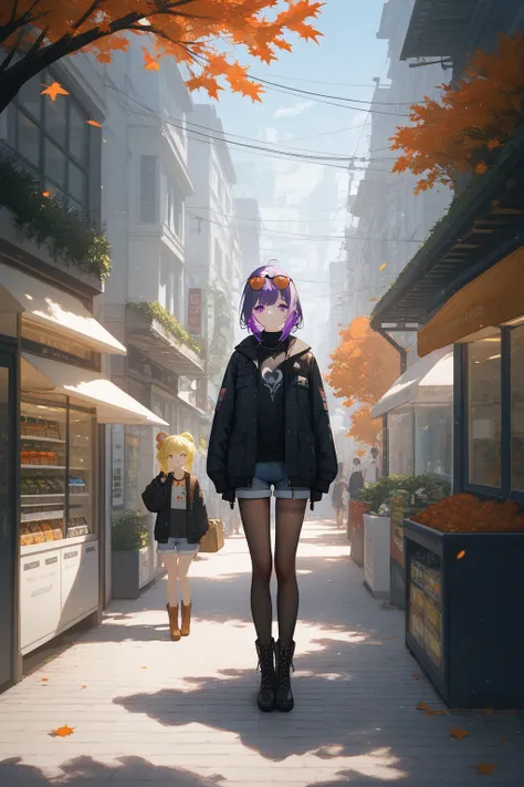 artist:ciloranko, [[artist:nai3]],ask (askzy),omone hokoma agm,
1girl,rim light,best quality,amazing quality,very aesthetic,intense shadows,masterpiece, best quality, autumn, street, shop,bangs,pretty eyes, purple eyes, eyewear on head, black jacket, jacke...