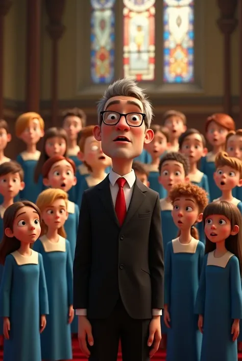 in the Pixar style,  Choir of mixed ren between four and ten years old dressed in blue robes with an ivory-colored square collar envelope and its director a mature thin brown man with gray hair wearing black paste lenses dressed in a black suit with a red ...