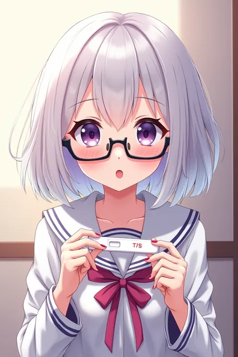  highest quality ,  very detailed , masterpiece,  anime style . a girl (She has short white hair , purple eyes, wearing glasses)  shes wearing a white Japanese uniform ,  and shes holding a positive pregnancy test ( with two red bars )  and shes pointing t...