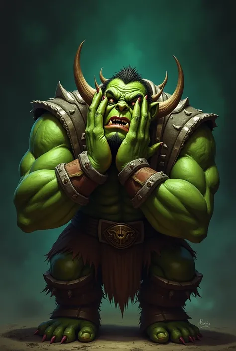 hands on head,warcraft red ork, embarrassed, afraid