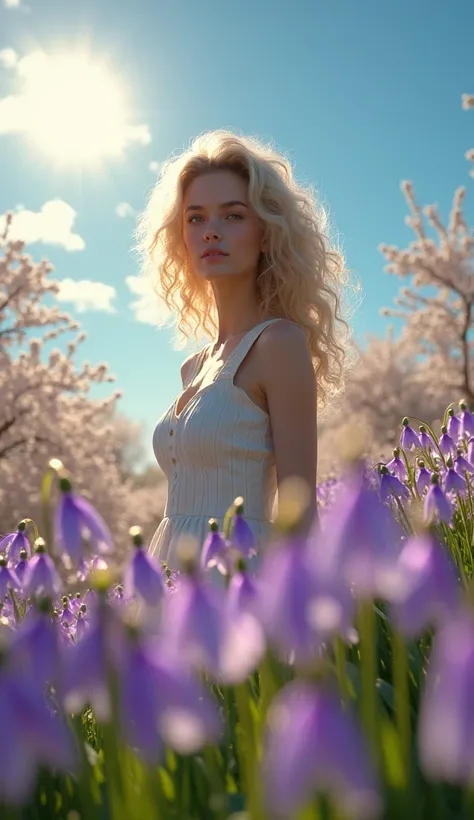 A (((girl with luxurious curly blonde thick hair))), who exudes an air of elegance and charm, standing confidently (( view from front, looking at the beautiful Snowdrop flowers with the suns gentle rays bending around her form))) amidst a backdrop of (vivi...