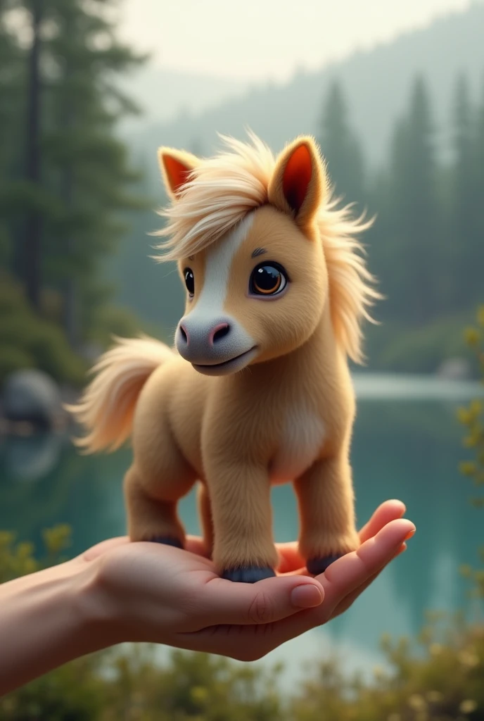 A hand holding a horse the little cute ultra = realistic with very dense fur.  The blurred background is of a forest with a lake behind it.