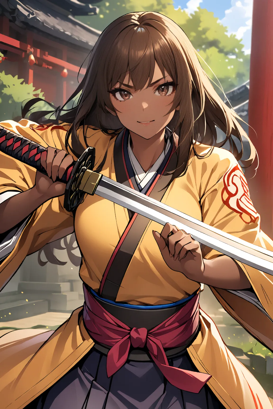 1 girl,   glossy brown skin,   sengoku warlords, samurai,  holding a japanese sword,the dignity of the general,