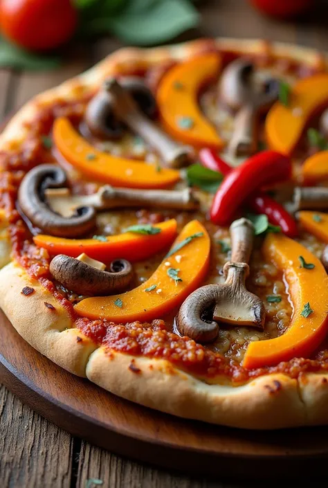  A pizza whose ingredients are: pumpkin ,  mushroom ,  paprika and mozzarella 