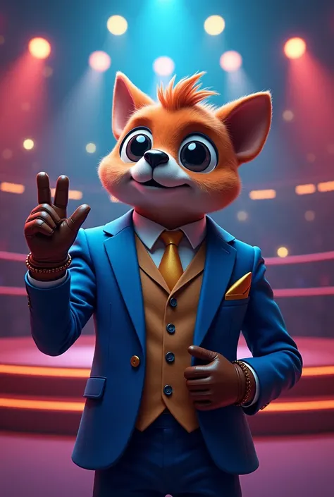 "A charismatic canguru emerges in the center of a virtual ring illuminated by multicolored reflectors. He is dressed in a bright blue-navy blazer, a gold-colored burboleta, and leather gloves that combine with his confident attitude. In one of his ears, he...