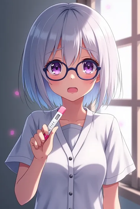  highest quality ,  very detailed , masterpiece,  anime style . a girl ( with short white hair , purple eyes, wearing glasses)  shes wearing a white Japanese uniform ,  and shes holding a positive pregnancy test and shes pointing to the test, and shes desp...