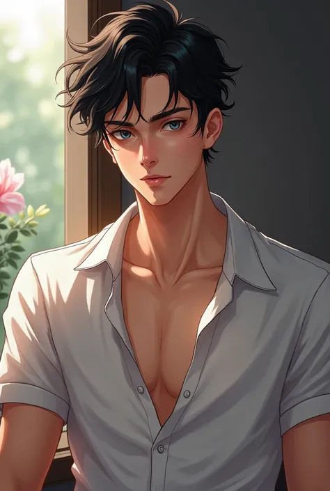 (majicMIXlux), A boy in his 20s, black haired, has a lazy handsome eyes, the clothes should be body fitted polo shirt but unbotton the first 2 in the chest part.