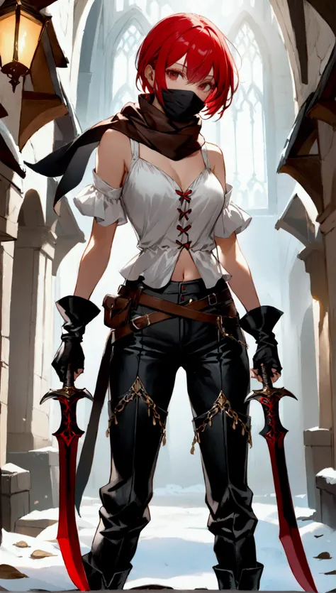 A 20-year-A thief gilr with short scarlet red hair, dressed in black medieval-style pants, black boots, and a white blouse. black and brown scarf that covers part of her mouth and carries two black daggers with red accents. Ensure sharp details in the dagg...