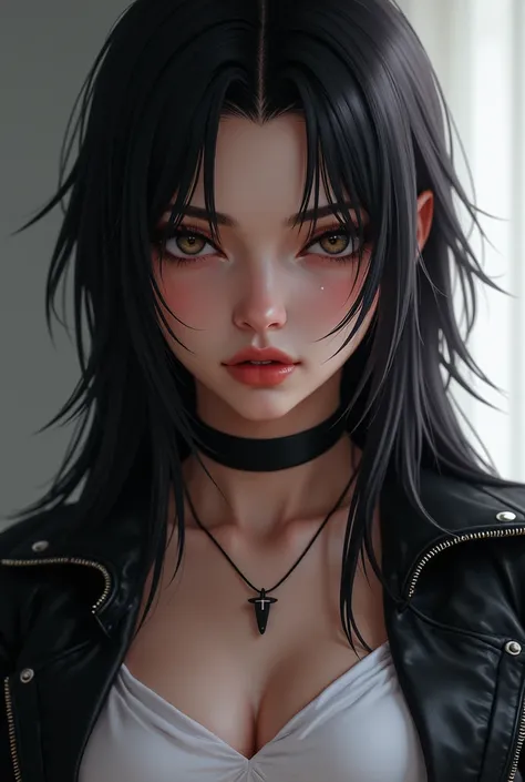 Close up of a woman wearing a white top and a black leather jacket, Artwork in guweiz style, Tifa lockhart, seductive Tifa lockhart portrait, Tifa lockheart, Tifa, Tifa lockhart portrait, glamorous Tifa lockheart, Fascinating cyberpunk dark fantasy, Female...