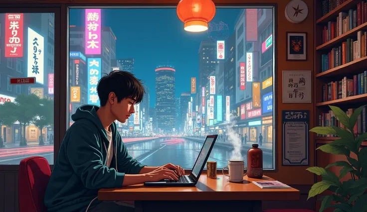 Man sitting working with laptop in coffee shop Hot coffee mug placed next to clear air Beautiful 1980s Citypop Japan anime