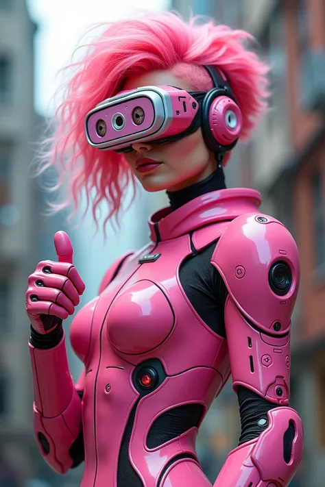 Woman with pink robot armor ,  big pink hair from Chiquinha and virtual glasses with little eye giving a thumbs up