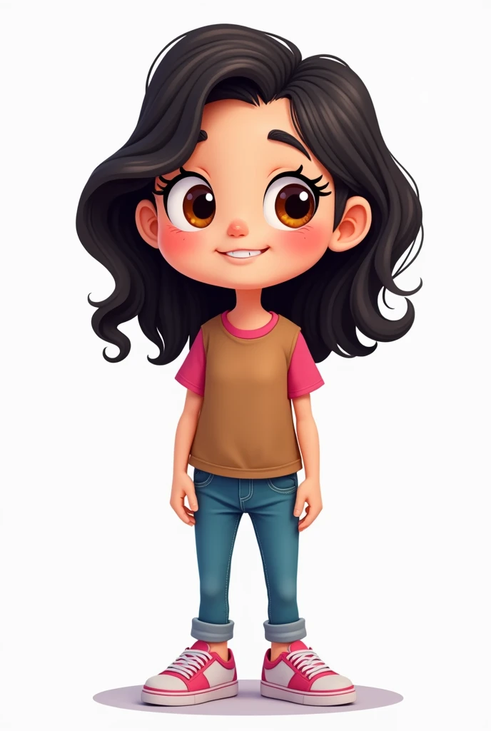 CARTOON GIRL STANDING, light skin,  black hair ,  brown eyes , brown t-shirt with pink collar and pink cuff , jeans and sneakers