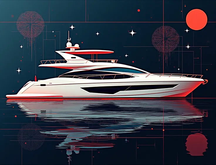 A surreal geometric painting. Geometric art. Linear art. A complex interweaving and a complex combination of lines and geometric shapes, circles, triangles, squares and rectangles in their intersections form the image of a modern motor yacht. The image of ...