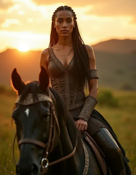 Amazon warrior,  HAUGHTY AND IMPOSING POSTURE ,  BRAIDED AND ELABORATE HAIR , black hair,  tanned skin ,  brown eyes ,  DETERMINED AND SERENE EXPRESSION , striking features, natural cheek, STRONG JAWLINE,  Shiny Black Horse , contemplative look,  Detailed ...