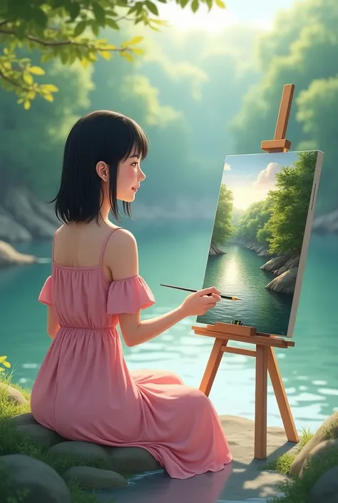 A black haired girl in a pink dress sits while painting a river scene on canvas with a smiling face