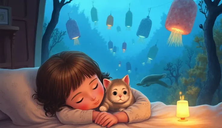 girl is dreaming with her kitten in her warm room with their eyes closed and smiling. big soft haze above their head, in the haze girl and kitten playing in the beautiful blue sea, many colorful cute-shaped lanterns are floating in the sea. detailed face, ...