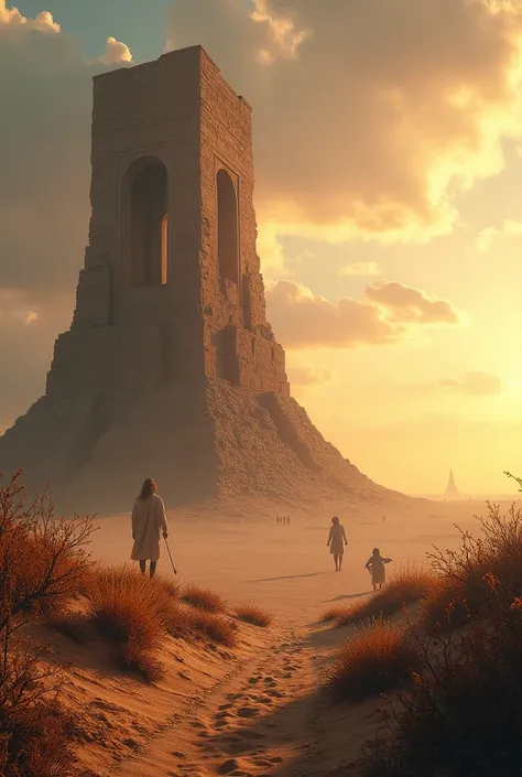  The ruins of the Tower of Babel in a desert landscape ,  half-buried in sand and surrounded by dry herbs . On the horizon,  small human figures walk in different directions ,  representing the dispersion of peoples . The sky is serene ,  with warm evening...