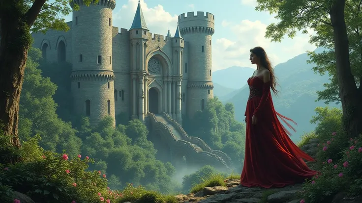 Fantasy medieval fortress. woman magician, cleavage, legs, the forest