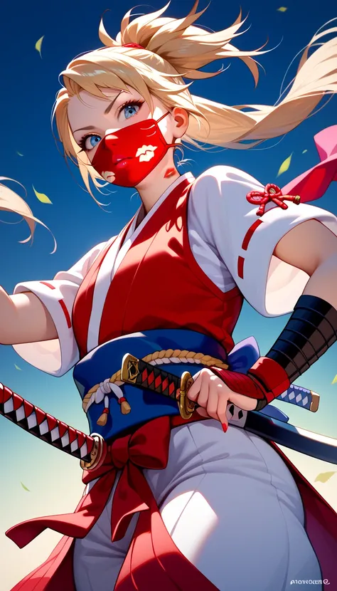 masterpiece, highest_quality, ultra_detailed, from_below, 1_girl_focus, girl is (japanese_young_girl, samurai_armor, katana, lipstick_mark_mouth_mask), five_finger, full_of_details, embarrassed, detailed_face, dynamic_angle, acrobatic_pose, dynamic_pose, d...